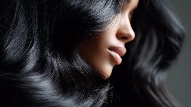 Shiny black hair close-up with natural glowing lips photo