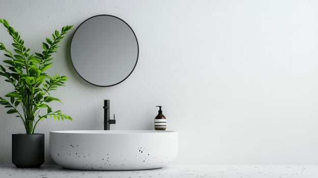 Minimalist bathroom design tranquil, white sink, round mirror, potted greenery creating with contemporary wellness space photo