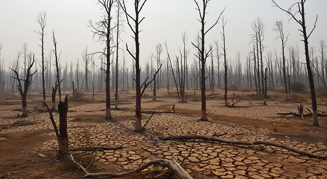 A burnt forest with dead trees and dry ground photo