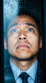 A man in a suit gazes upward with a worried expression, his face partially obscured by raindrops on a glass pane. The background is blurred, emphasizing his distress. photo