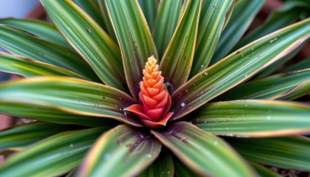 close up view of a bromeliad with thick green leaves and a bright central flower spike in rich orange and pink tones. photo