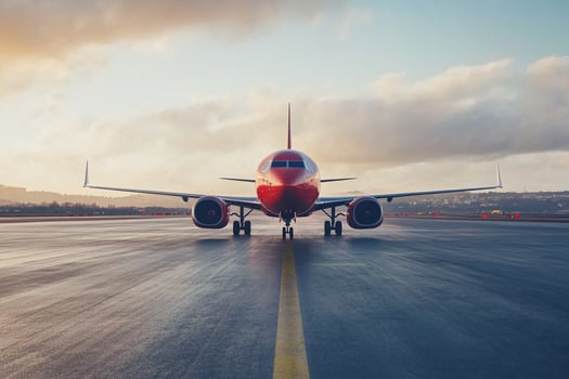 A red airplane on the runway at sunset photo