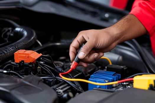 A person is holding a red wire in front of a car engine photo