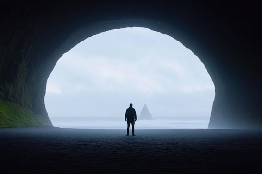 A man standing in front of a cave with the ocean in the background photo