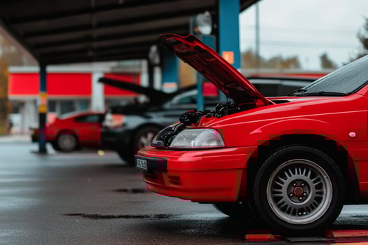 A red car with its hood open is parked in front of a red car photo