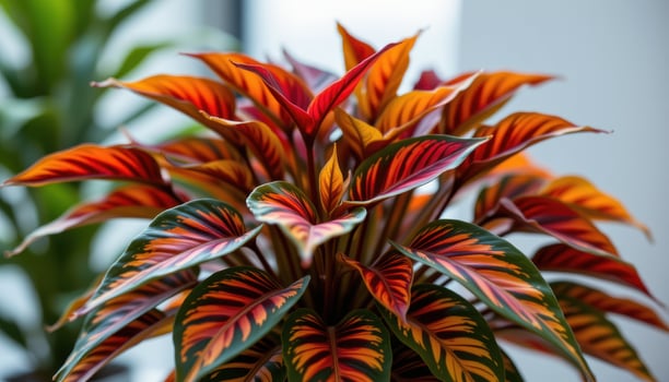 close up view of a croton plant with multicolored leaves displaying fiery reds oranges and yellows in a dramatic indoor arrangement photo
