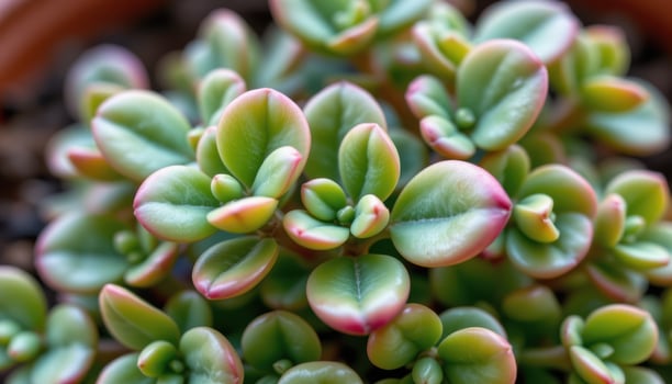 close up view of a jade plant with thick oval shaped leaves showing a soft gradient from green to reddish tips in natural lighting photo