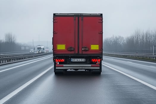 A red truck driving down a highway photo