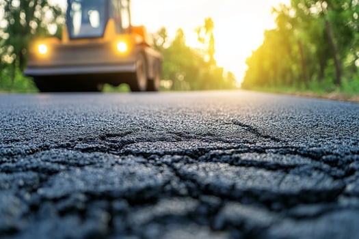 A construction vehicle driving on a road with asphalt photo