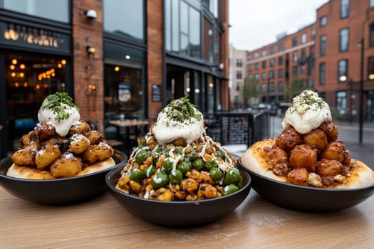 Three bowls of food sitting on a table photo