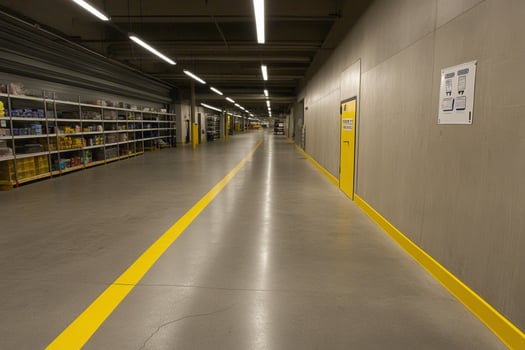 A long hallway with shelves and a yellow line photo