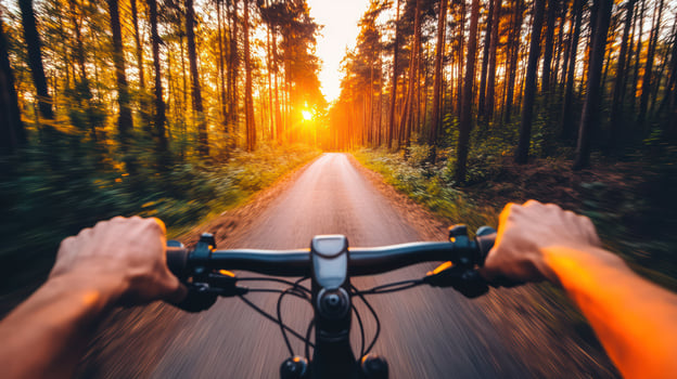 Point of view of cyclist riding on forest road at sunset. Motion blur photography. Adventure and outdoor travel concept. photo