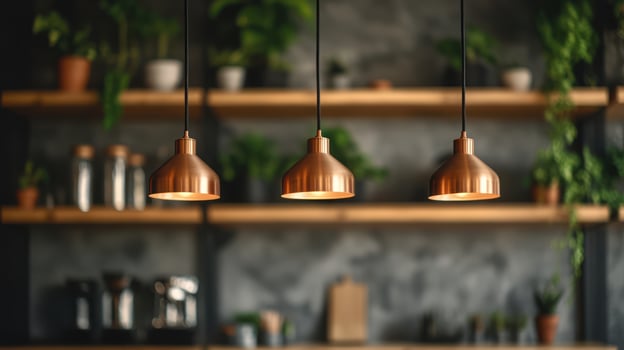 Copper pendant lights hanging in front of blurred kitchen shelves with plants and jars. Warm lighting in modern rustic interior. Kitchen lighting and decor concept. photo
