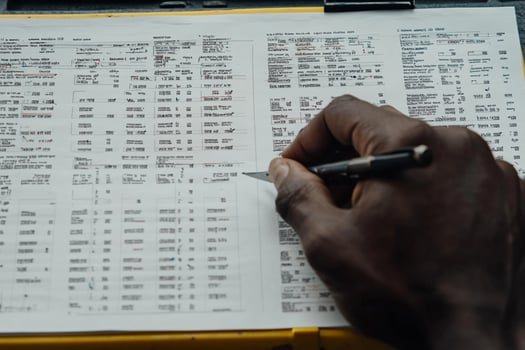 A man's hand writing on a clipboard photo