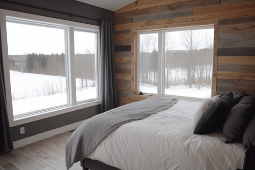 A bedroom with a bed and a window overlooking a snowy landscape photo