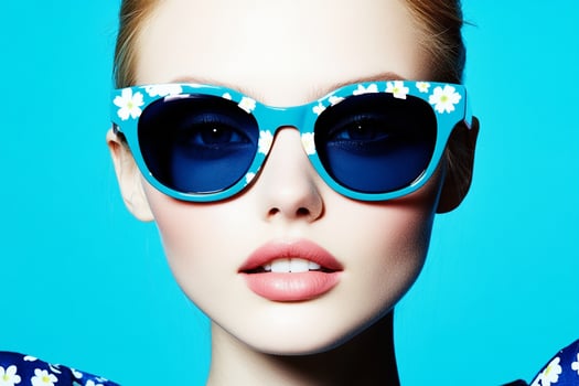 A beautiful woman wearing sunglasses and a floral top photo