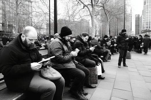 A group of people sitting on a bench looking at their phones photo