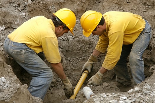 Two men in yellow hard hats working in a hole photo