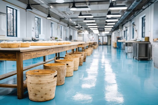 Bright and colorful interior of a handmade dumpling production facility showcasing preparation process photo