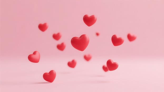 Pink background with many floating red hearts, romantic love concept, Valentine's Day, 3D rendering, abstract hearts photo
