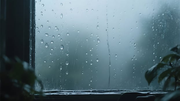 Rain drops on window pane, close-up view of water droplets on glass during a rainy day, blurred background with dark green foliage, moody atmosphere, cinematic style photo