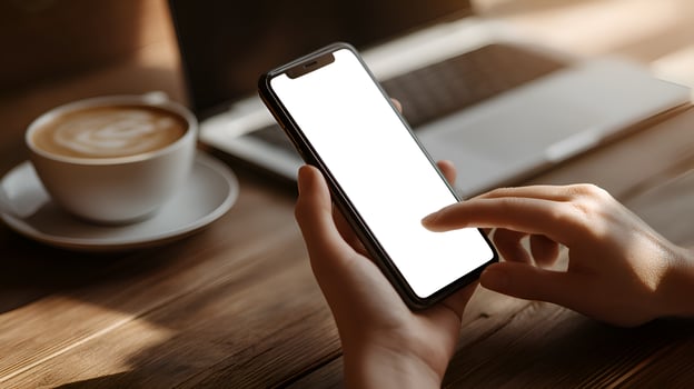 Freelancer using smartphone with blank screen in cafe photo