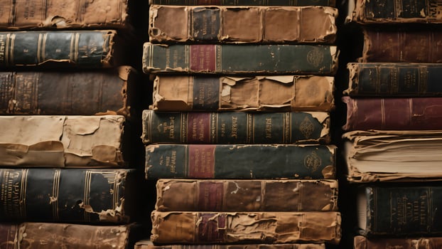 Aged and worn antique books stacked on shelves, vintage library collection of old leather-bound volumes, historical text books, literary collection, aged paper, dark brown and beige tones photo