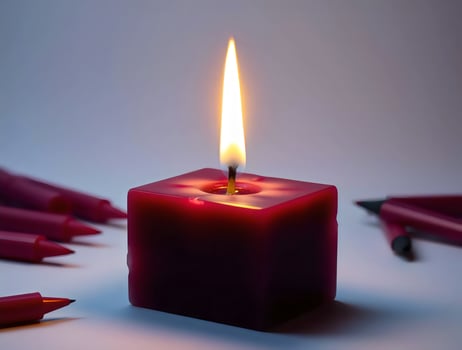 A red candle with a lit flame surrounded by red pencils photo