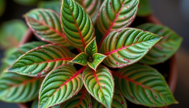 close up view of a peperomia rosso plant with pointed, deeply grooved green leaves and vibrant red undersides photo
