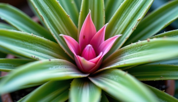 close up view of a pink bromeliad flower emerging from stiff green leaves arranged in a radial pattern photo