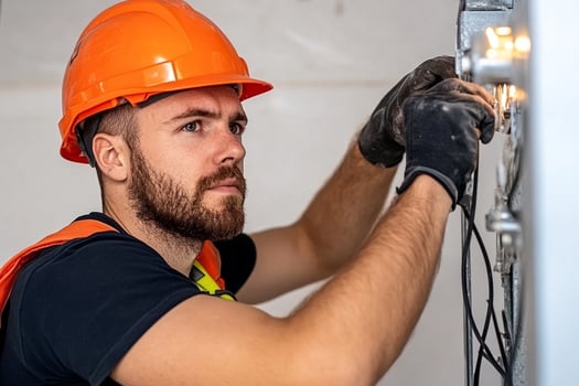 A man wearing an orange helmet and safety vest is working on a power panel photo
