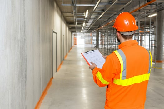 A man in an orange vest and hard hat is holding a clipboard photo