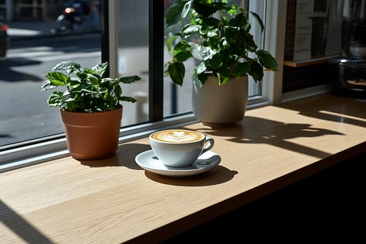 A coffee cup sitting on a table next to a plant photo