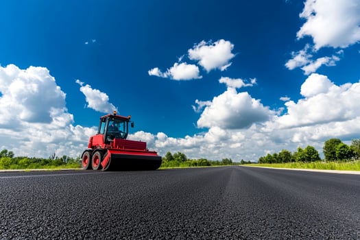 A red bulldozer on an asphalt road photo