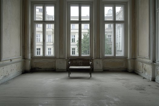 A chair sitting in a room with windows photo