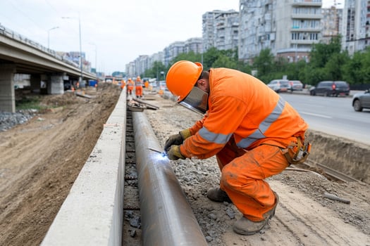 A man in an orange safety suit welding pipes photo