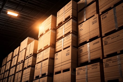 A warehouse with many boxes stacked on top of each other photo