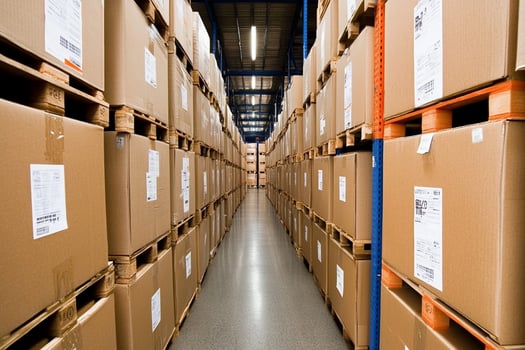 A long aisle in a warehouse with boxes and pallets photo
