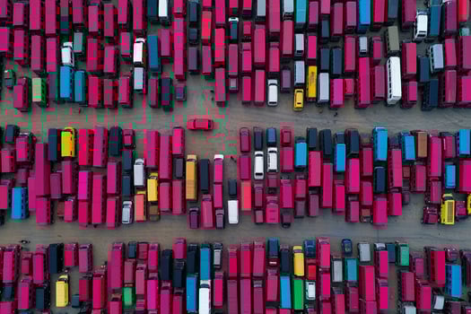 An aerial view of a large group of trucks photo