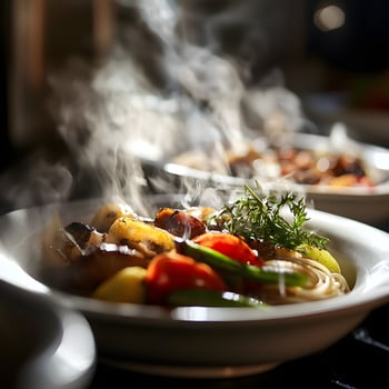 Steaming pasta with vegetables photo