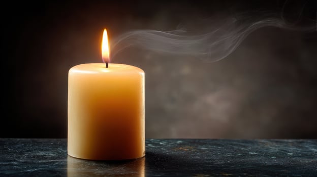 A single candle is lit on a table photo