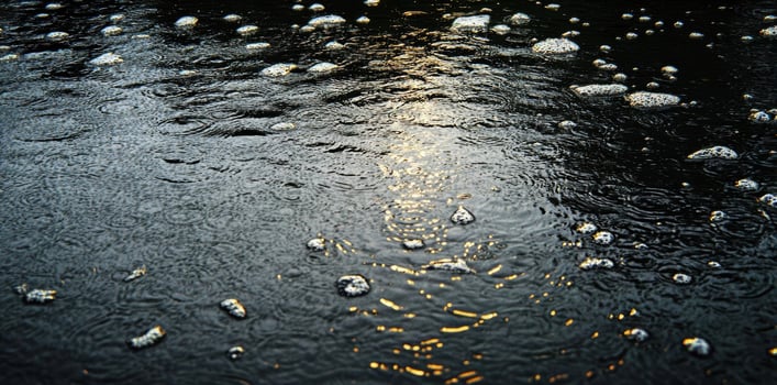 Rain Drops Create Ripples on Water Surface with Golden Light Reflection and Bubbles. photo
