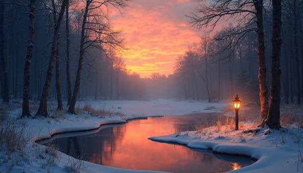 Winter Riverbank with Lamppost and Sunset Sky photo