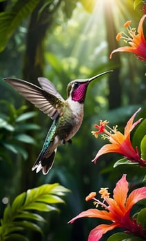 Hummingbird in Tropical Forest blooming Flowers photo