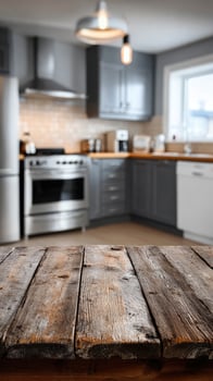 A wooden table in a kitchen with a stove and refrigerator photo