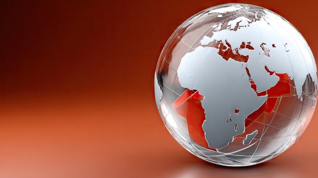 A globe with a red and white world map inside photo