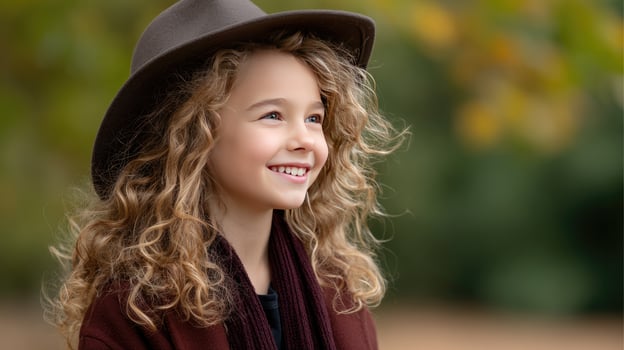 A young girl with curly hair wearing a hat photo
