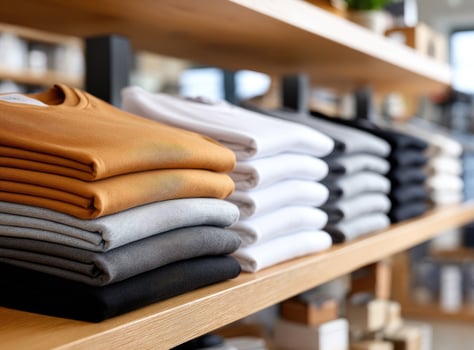 A stack of folded shirts on a shelf photo