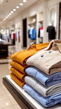 A stack of shirts on a table in a store photo