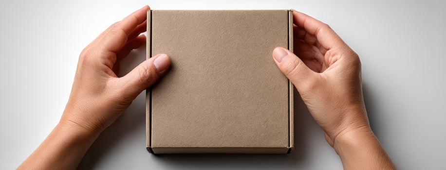 Hands holding a cardboard box on a white surface photo